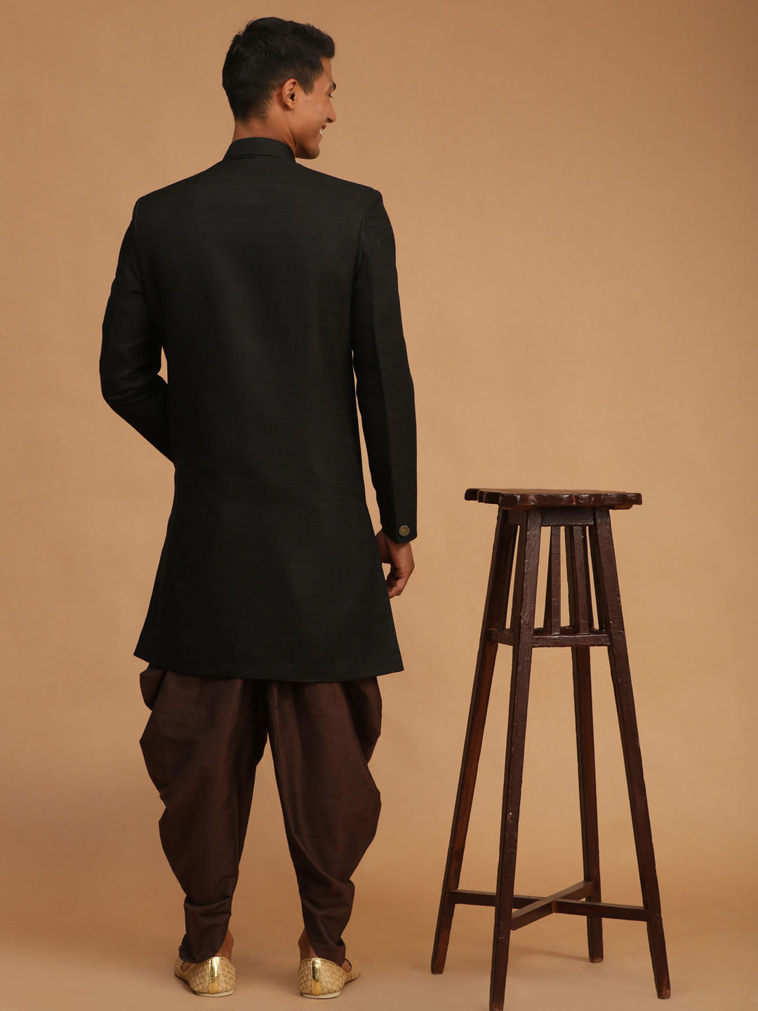 Men's Black Silk Blend Straight Sherwani Set