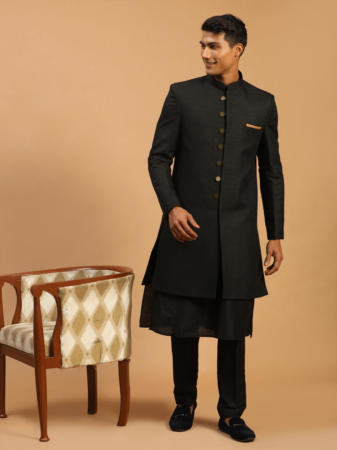 Men's Black Viscose Straight Sherwani Set