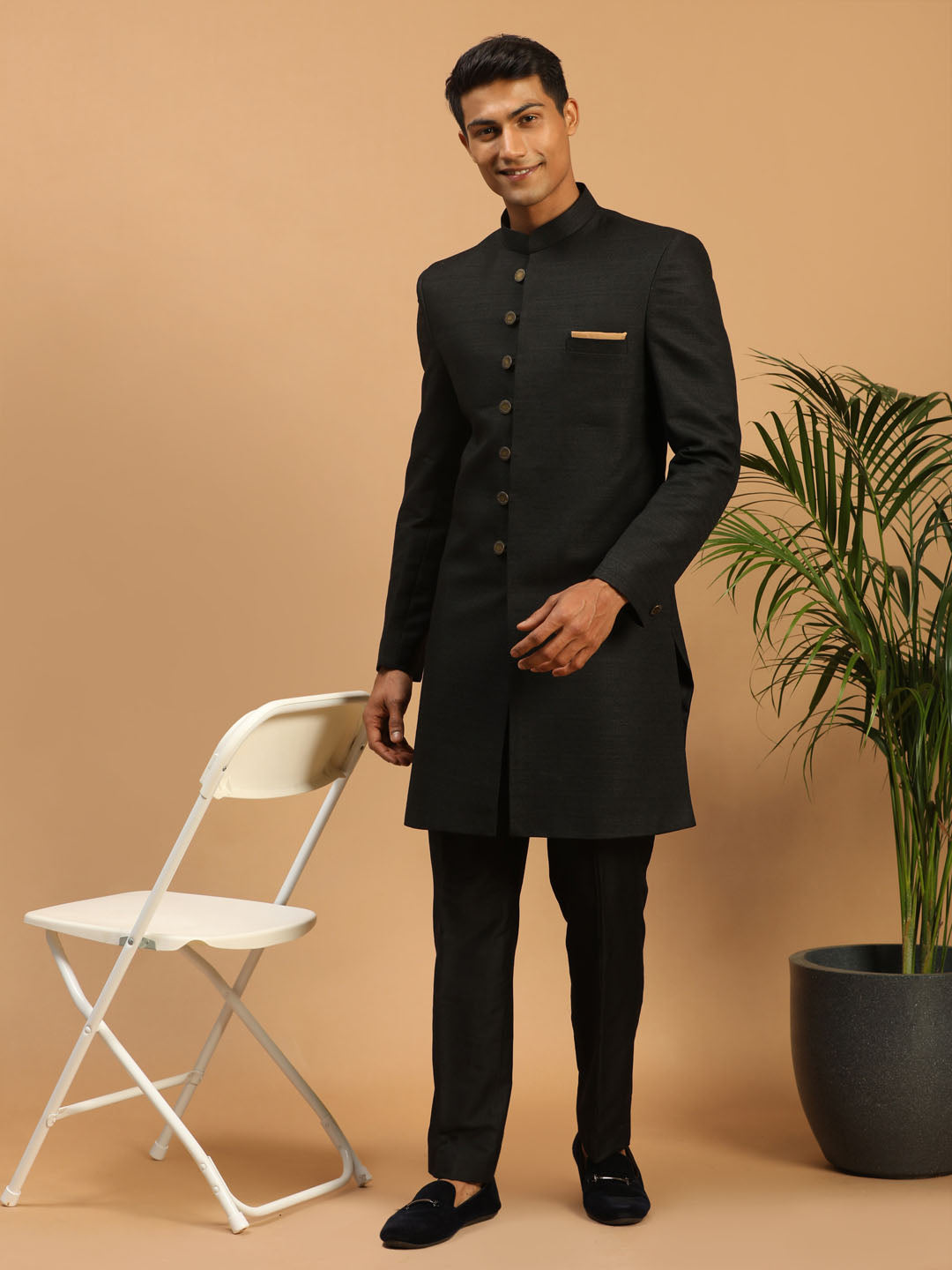 Men's Black Silk Blend Straight Sherwani Set