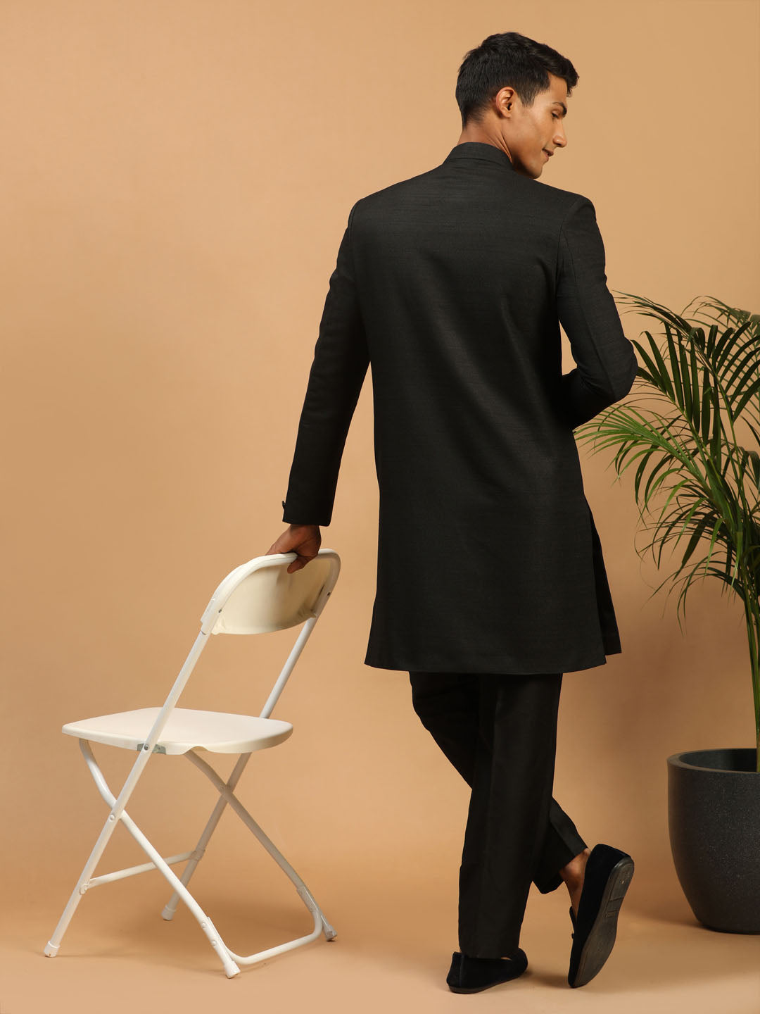 Men's Black Silk Blend Straight Sherwani Set