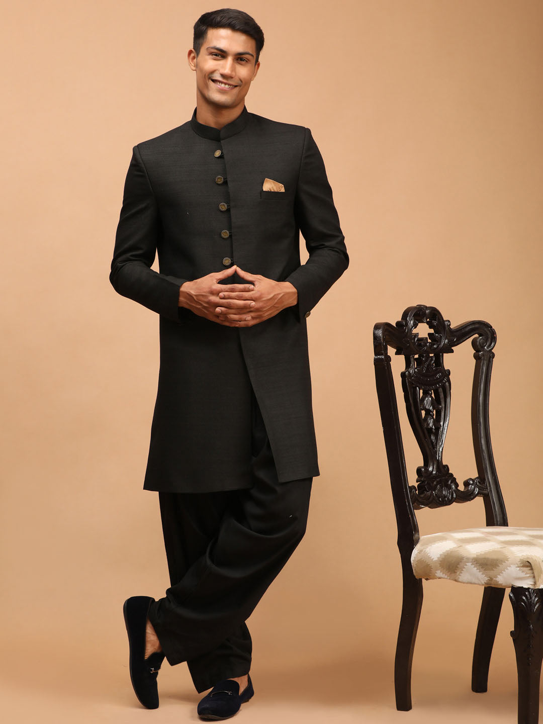 Men's Black Silk Blend Straight Sherwani Set