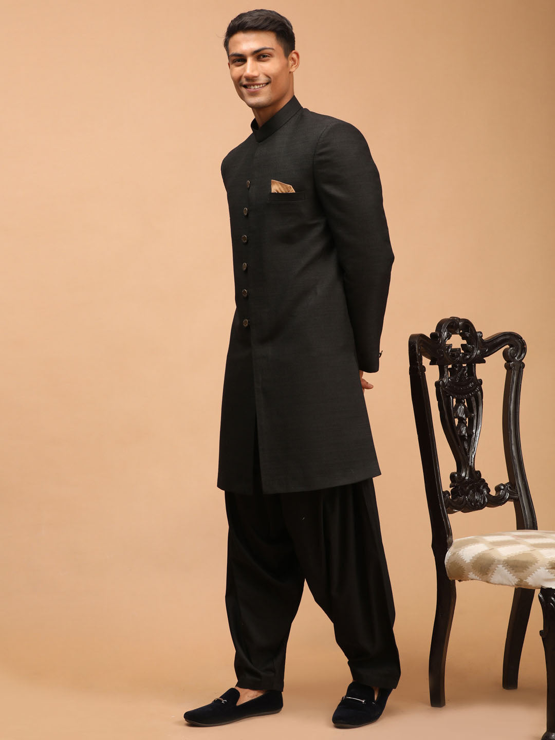 Men's Black Silk Blend Straight Sherwani Set