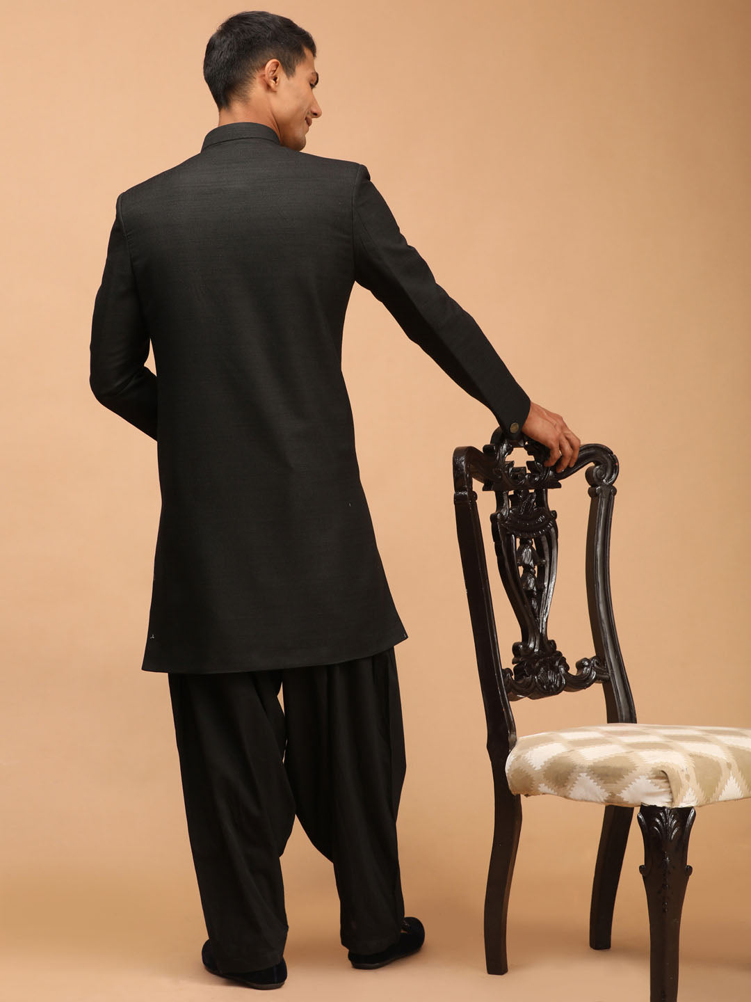 Men's Black Silk Blend Straight Sherwani Set