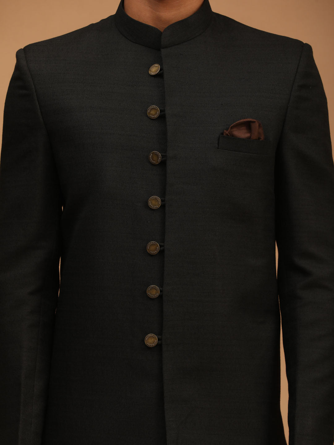 Men's Black Silk Blend Straight Sherwani Set