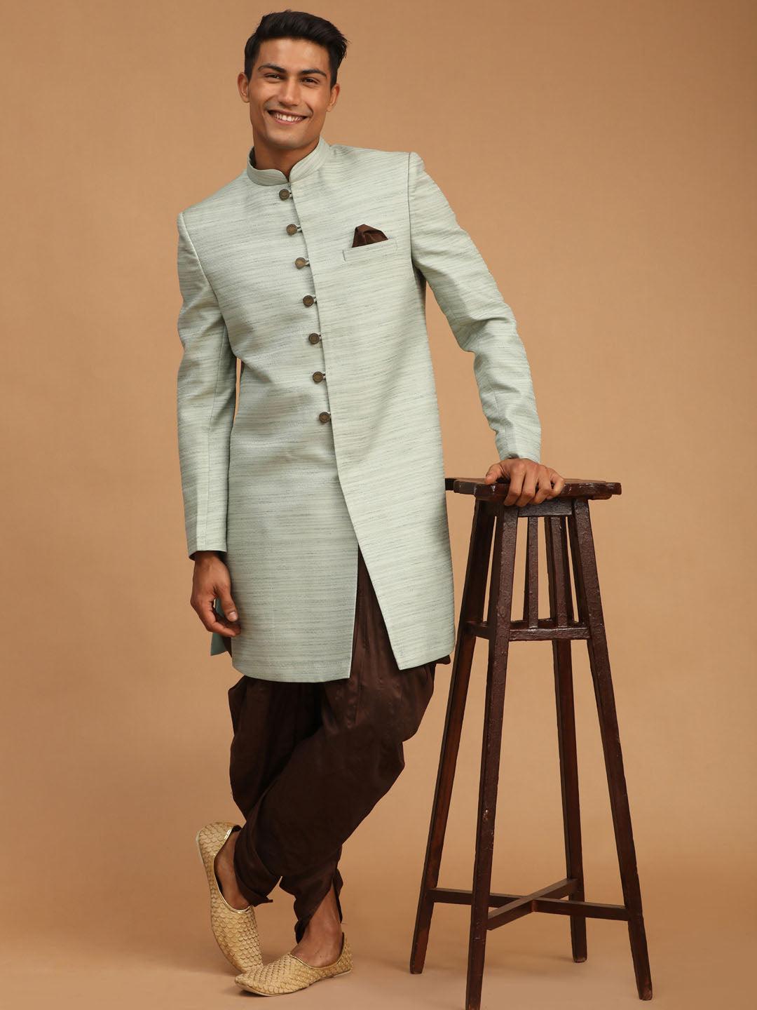 Men's Mint Green Silk Blend Straight Sherwani Set