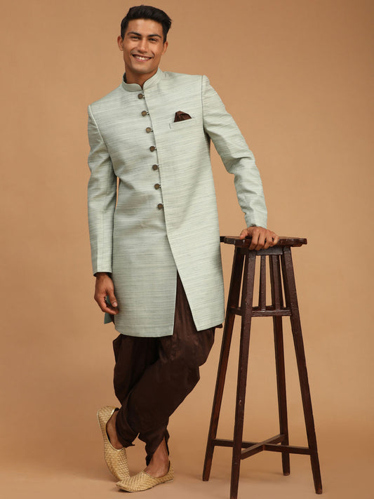 Men's Mint Green Silk Blend Straight Sherwani Set