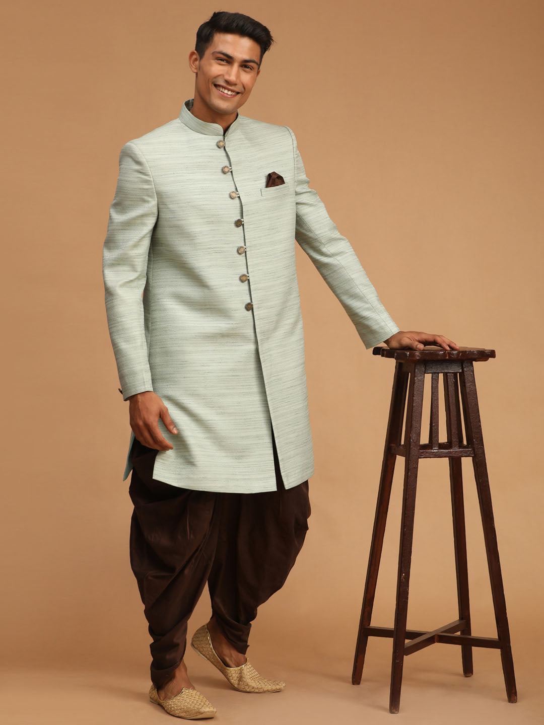Men's Mint Green Silk Blend Straight Sherwani Set
