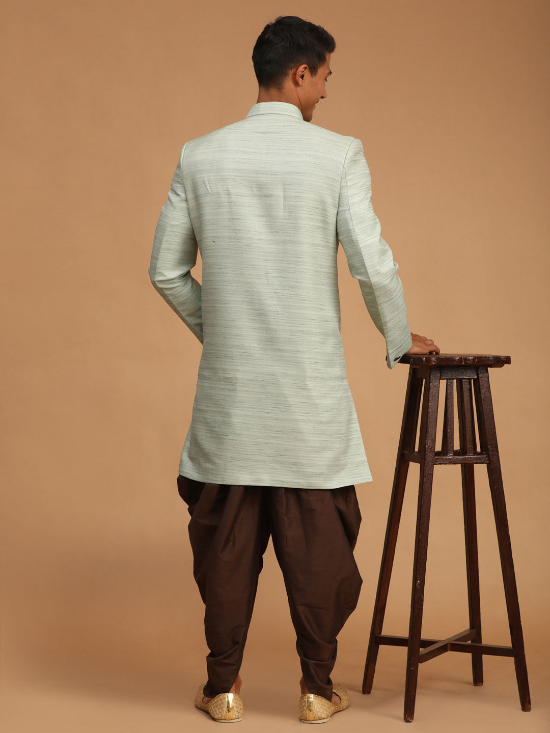 Men's Mint Green Silk Blend Straight Sherwani Set