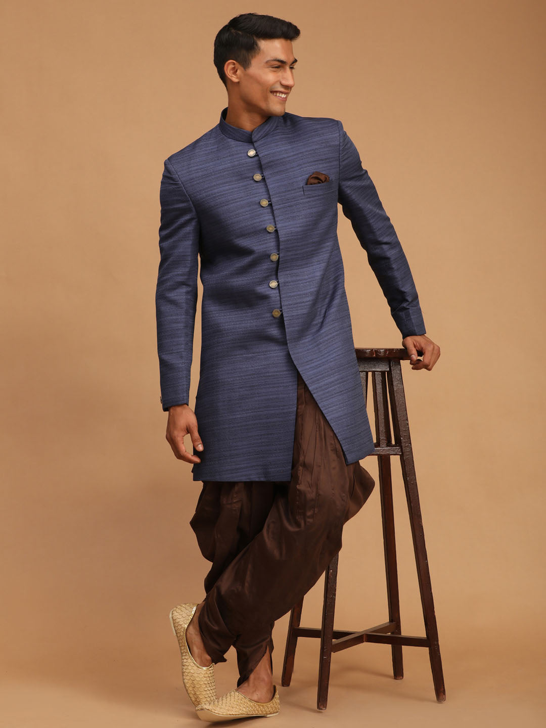 Men's Navy Blue Silk Blend Straight Sherwani Set