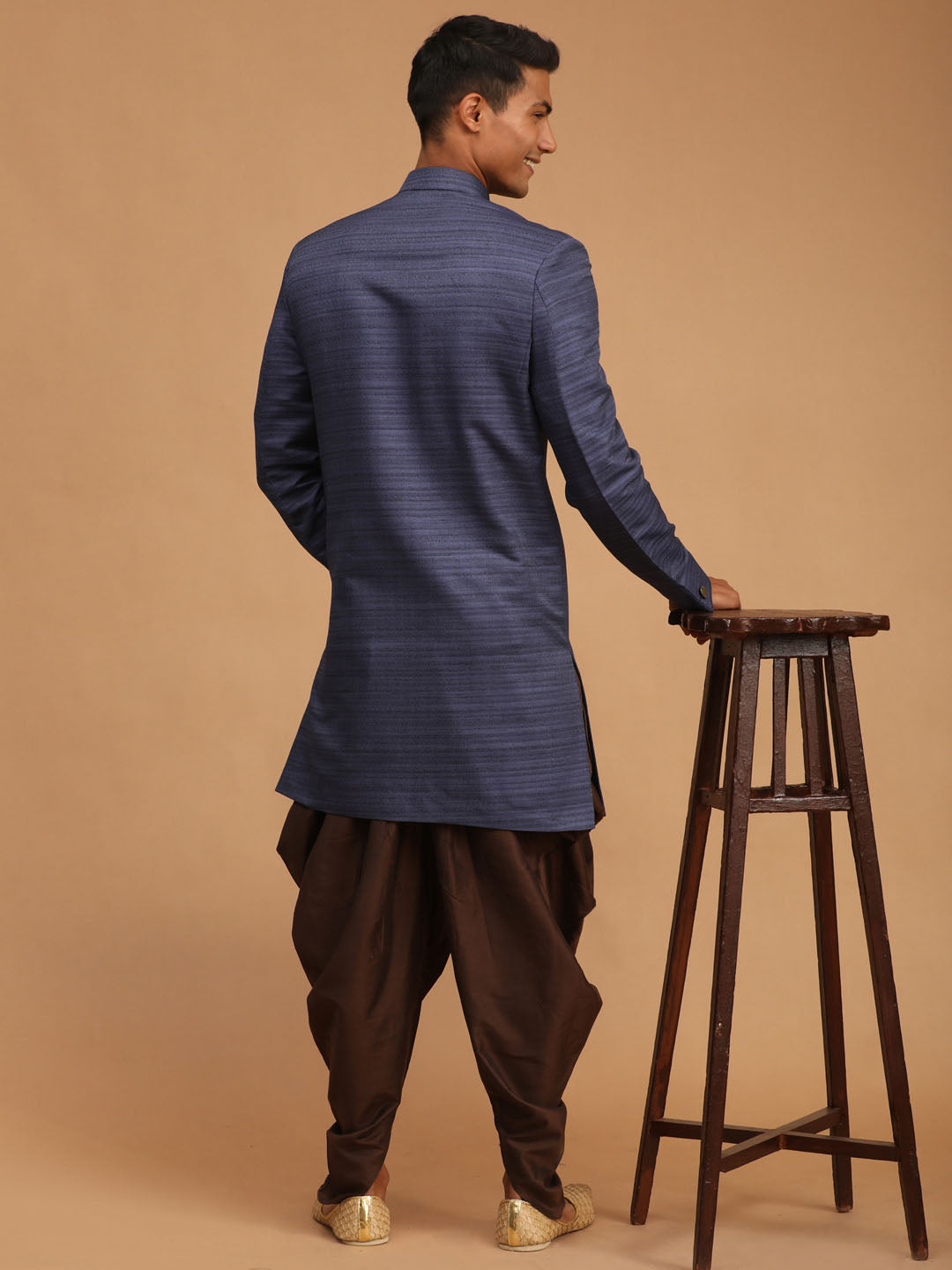 Men's Navy Blue Silk Blend Straight Sherwani Set