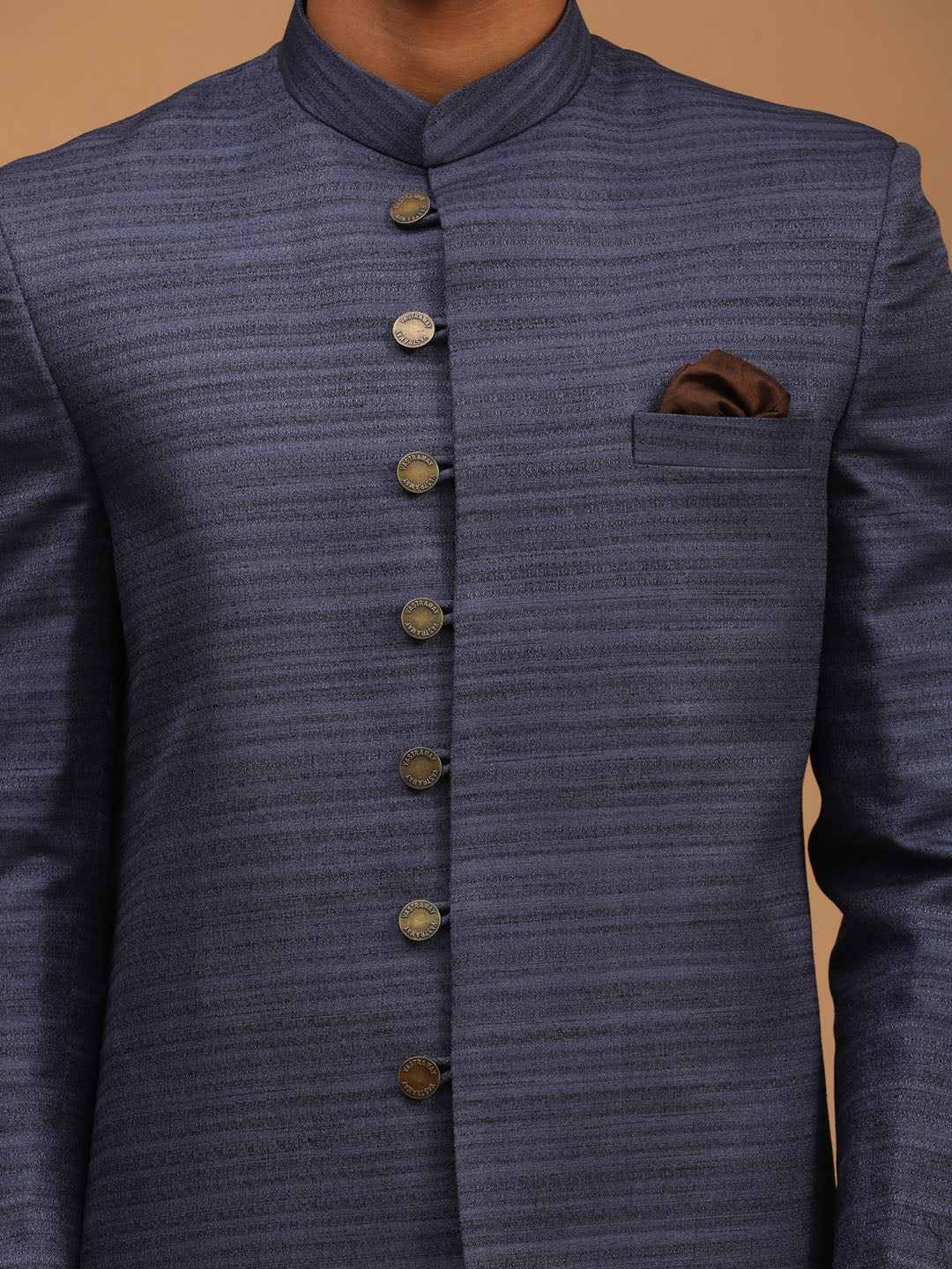 Men's Navy Blue Silk Blend Straight Sherwani Set