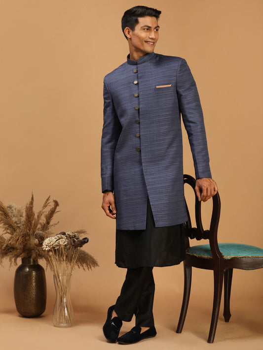 Men's Black Viscose Straight Sherwani Set