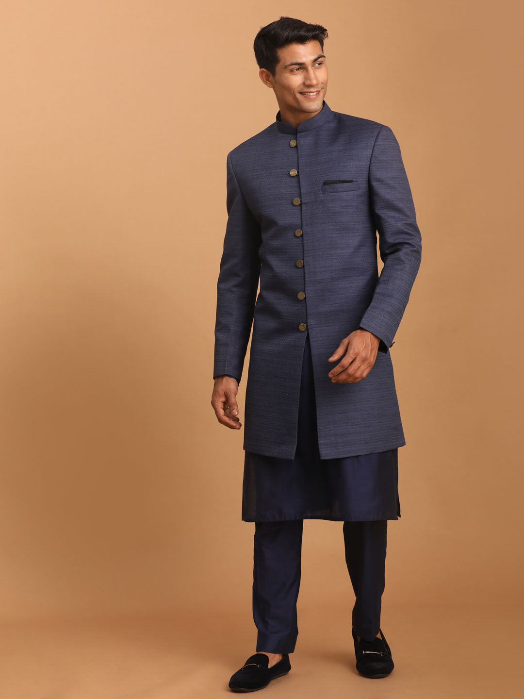 Men's Navy Blue Cotton Blend Straight Sherwani Set