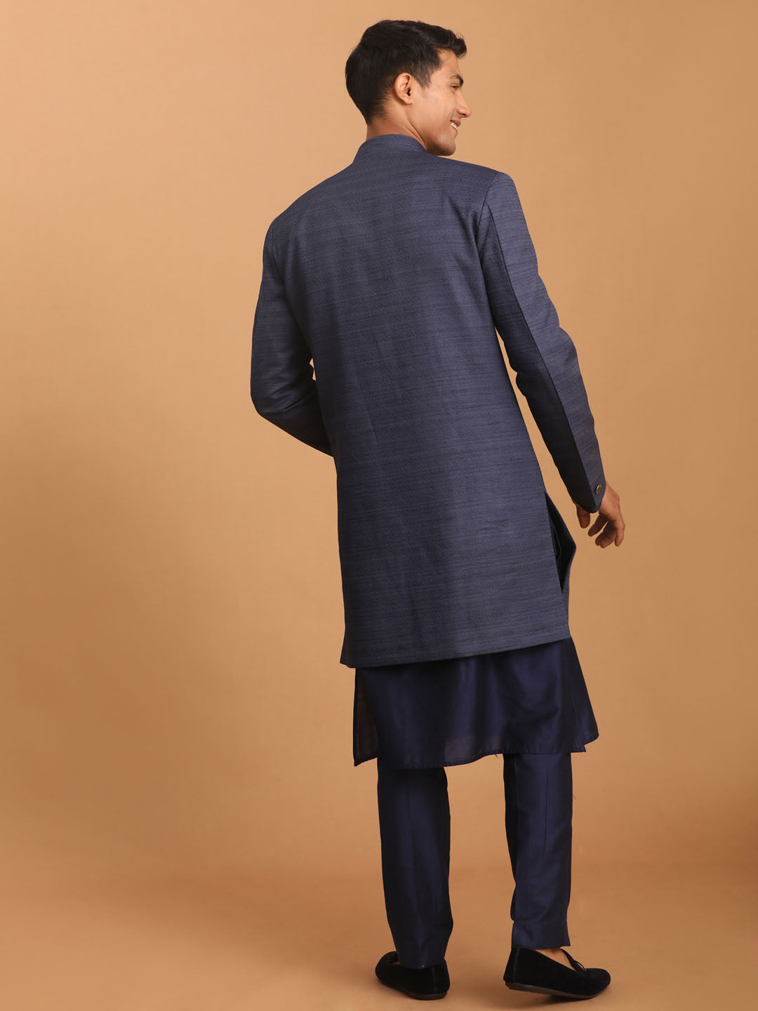 Men's Navy Blue Cotton Blend Straight Sherwani Set