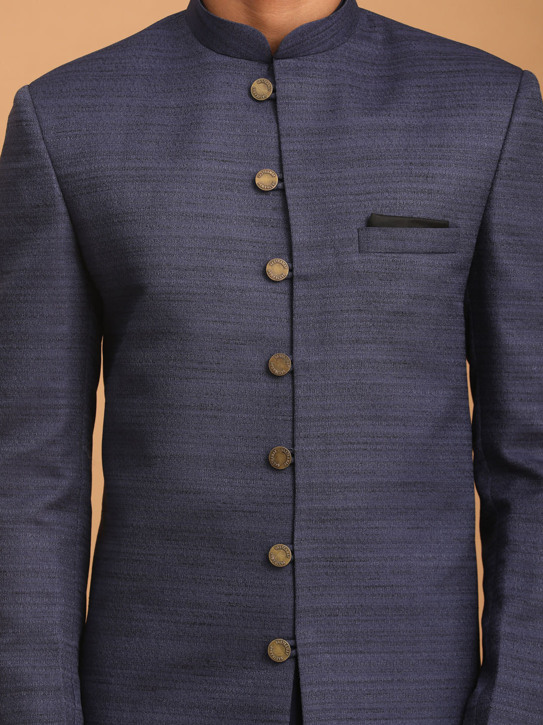 Men's Navy Blue Cotton Blend Straight Sherwani Set