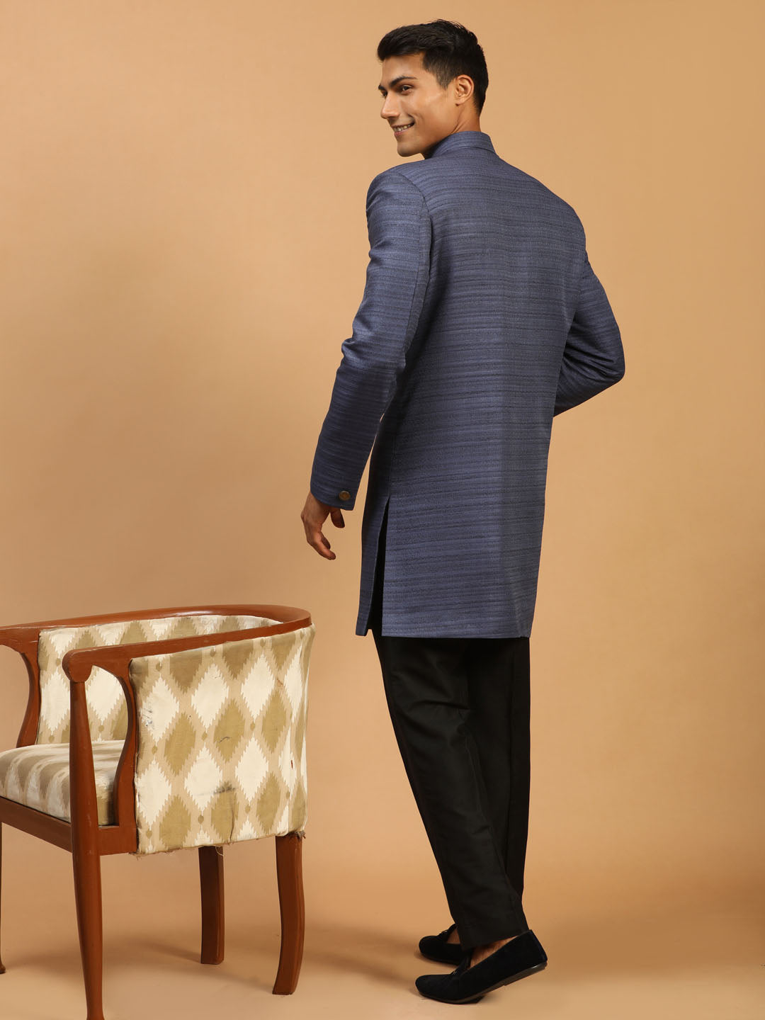 Men's Navy Blue Silk Blend Straight Sherwani Set
