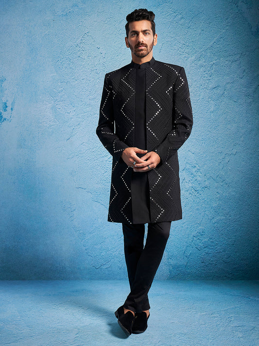 Men's Black Viscose Straight Sherwani Set