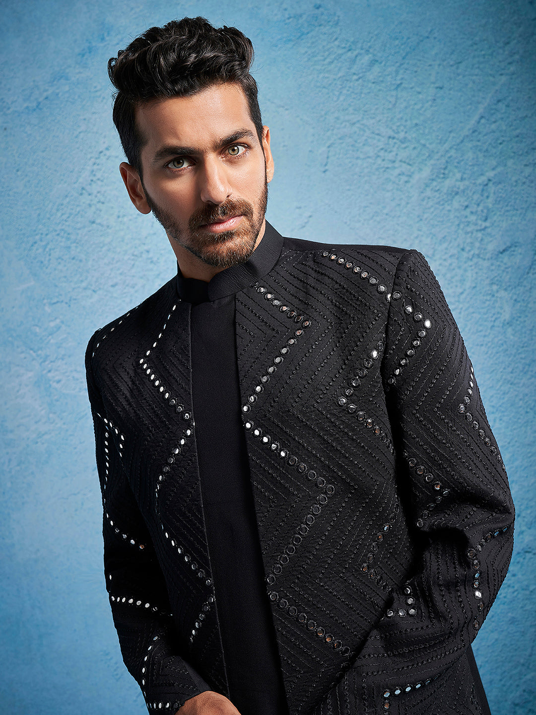 Men's Black Viscose Straight Sherwani Set