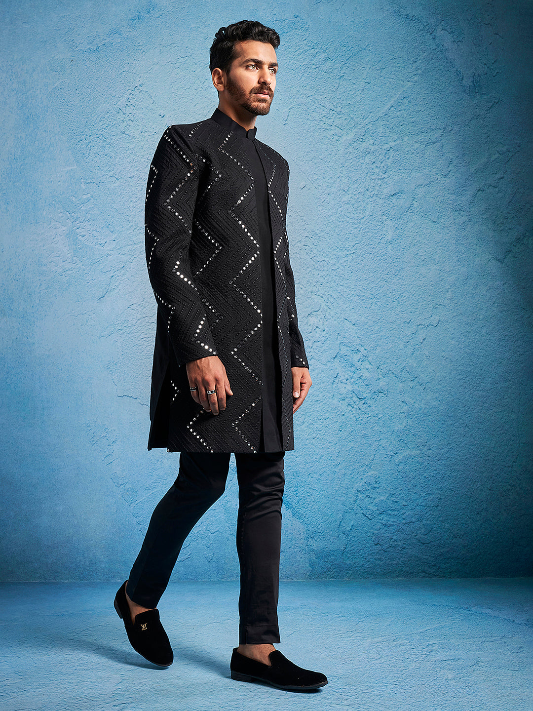 Men's Black Viscose Straight Sherwani Set