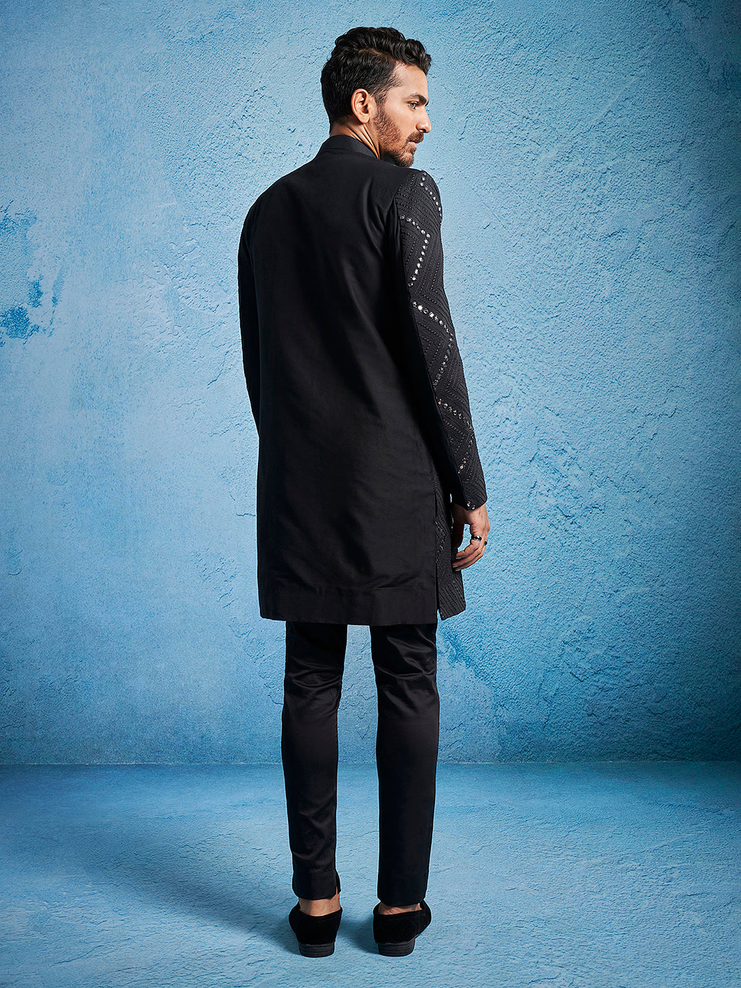 Men's Black Viscose Straight Sherwani Set