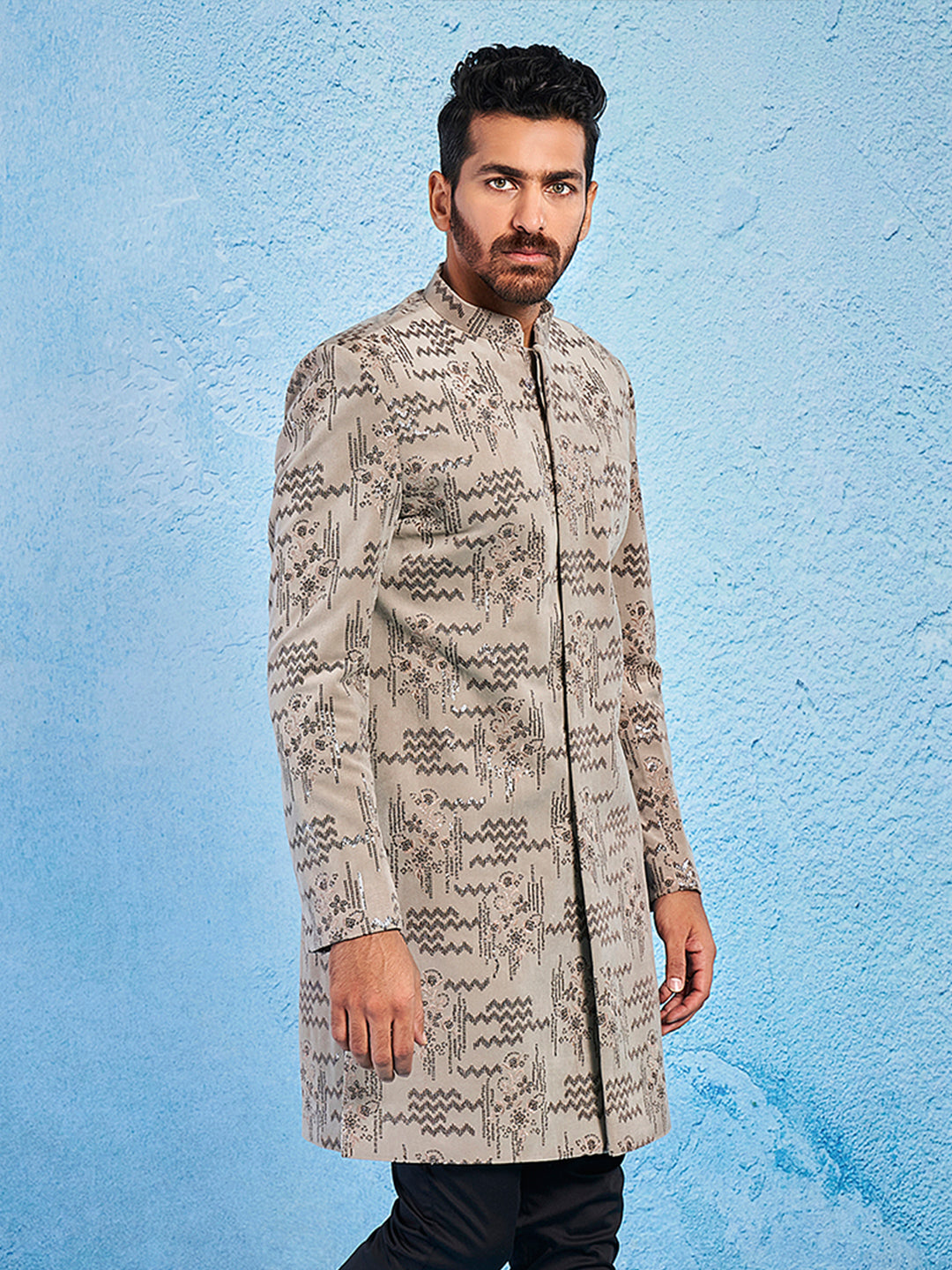 Men's Chiku Velvet Straight Sherwani Only Top