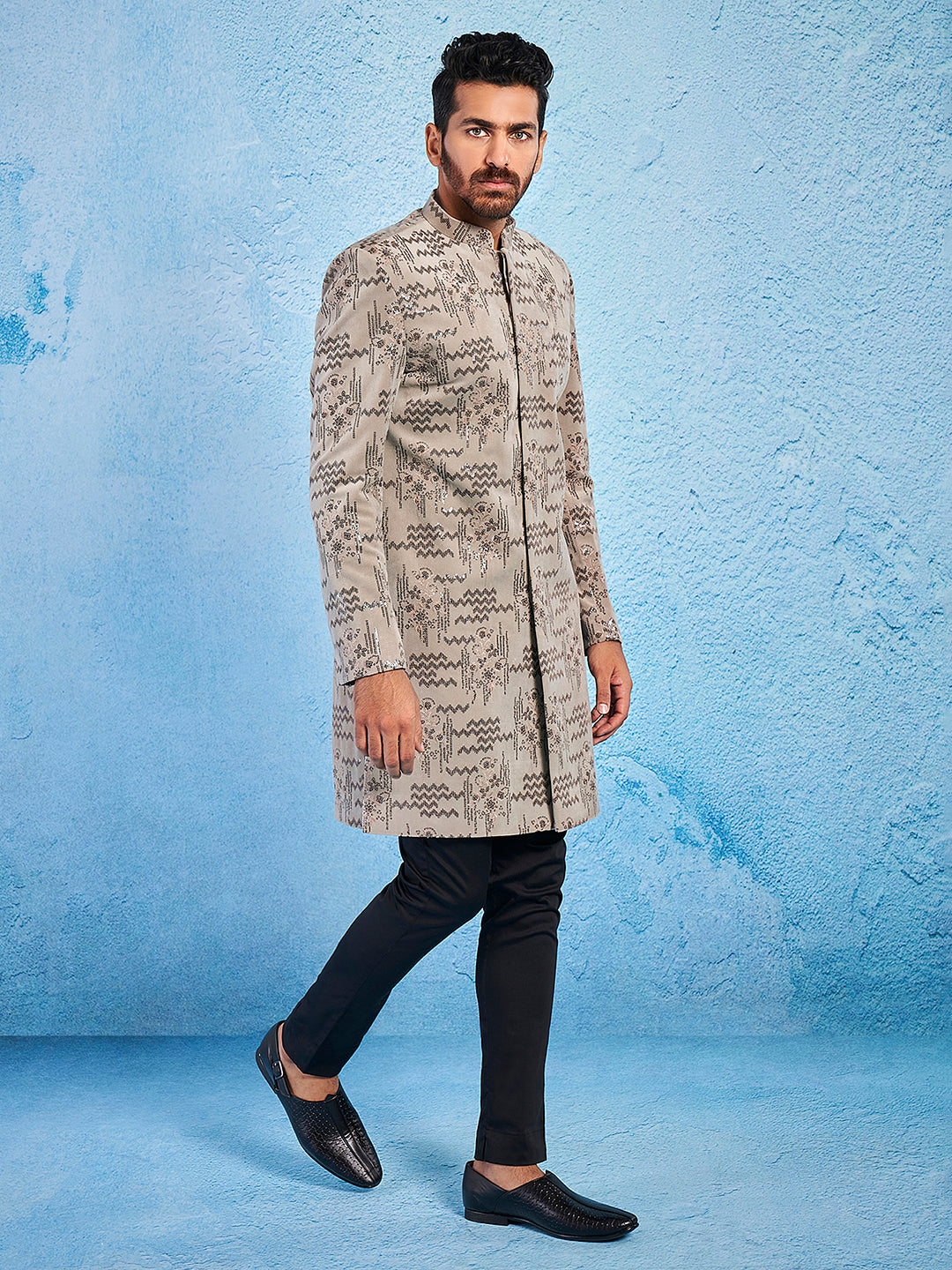 Men's Chiku Velvet Straight Sherwani Set