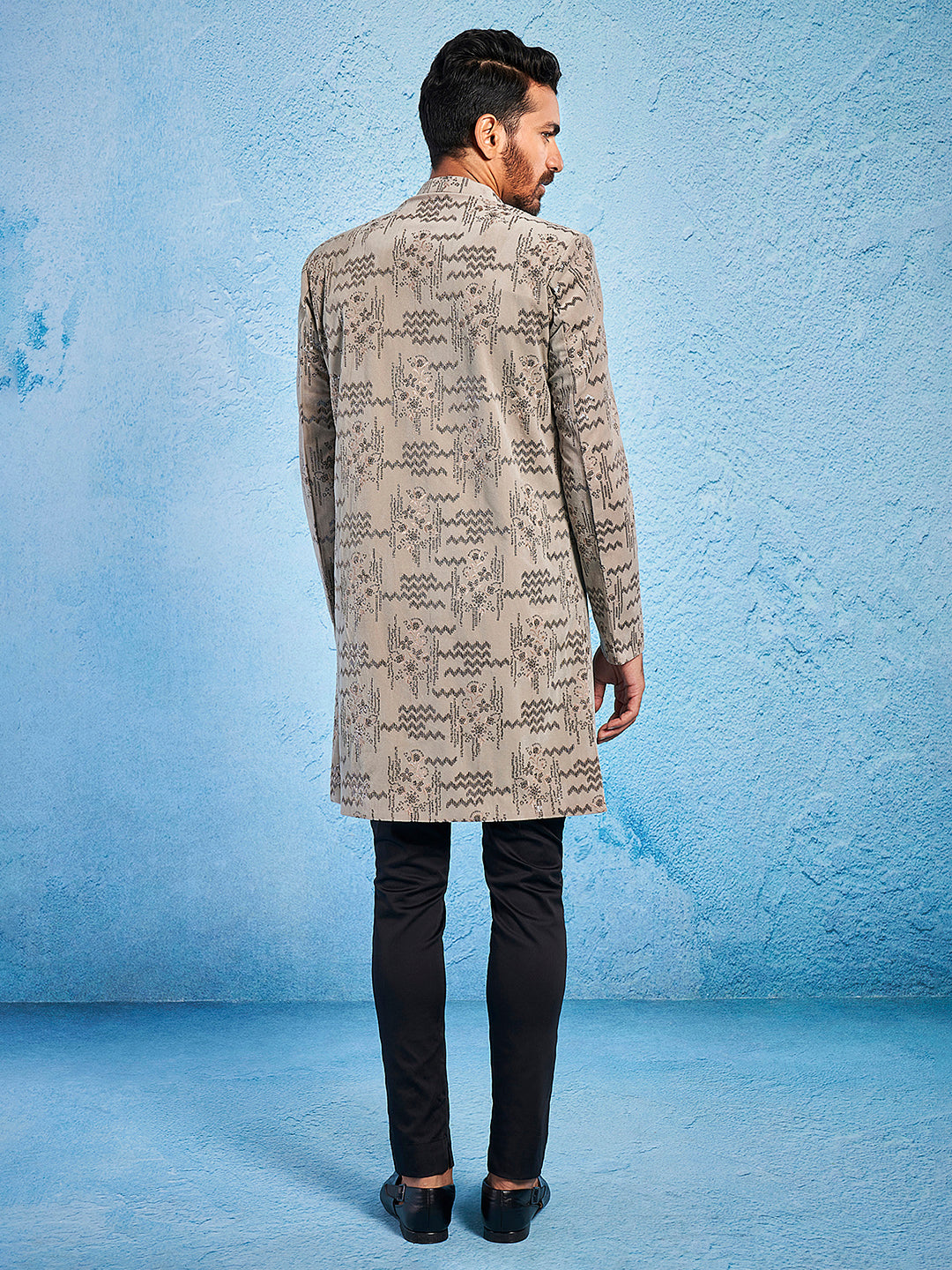 Men's Chiku Velvet Straight Sherwani Set