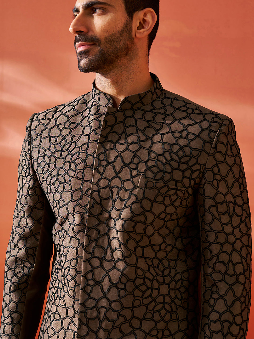 Men's Coffee Silk Blend Straight Sherwani Set