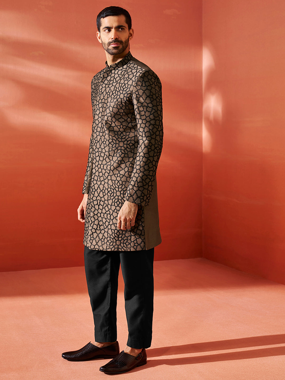 Men's Coffee Silk Blend Straight Sherwani Set