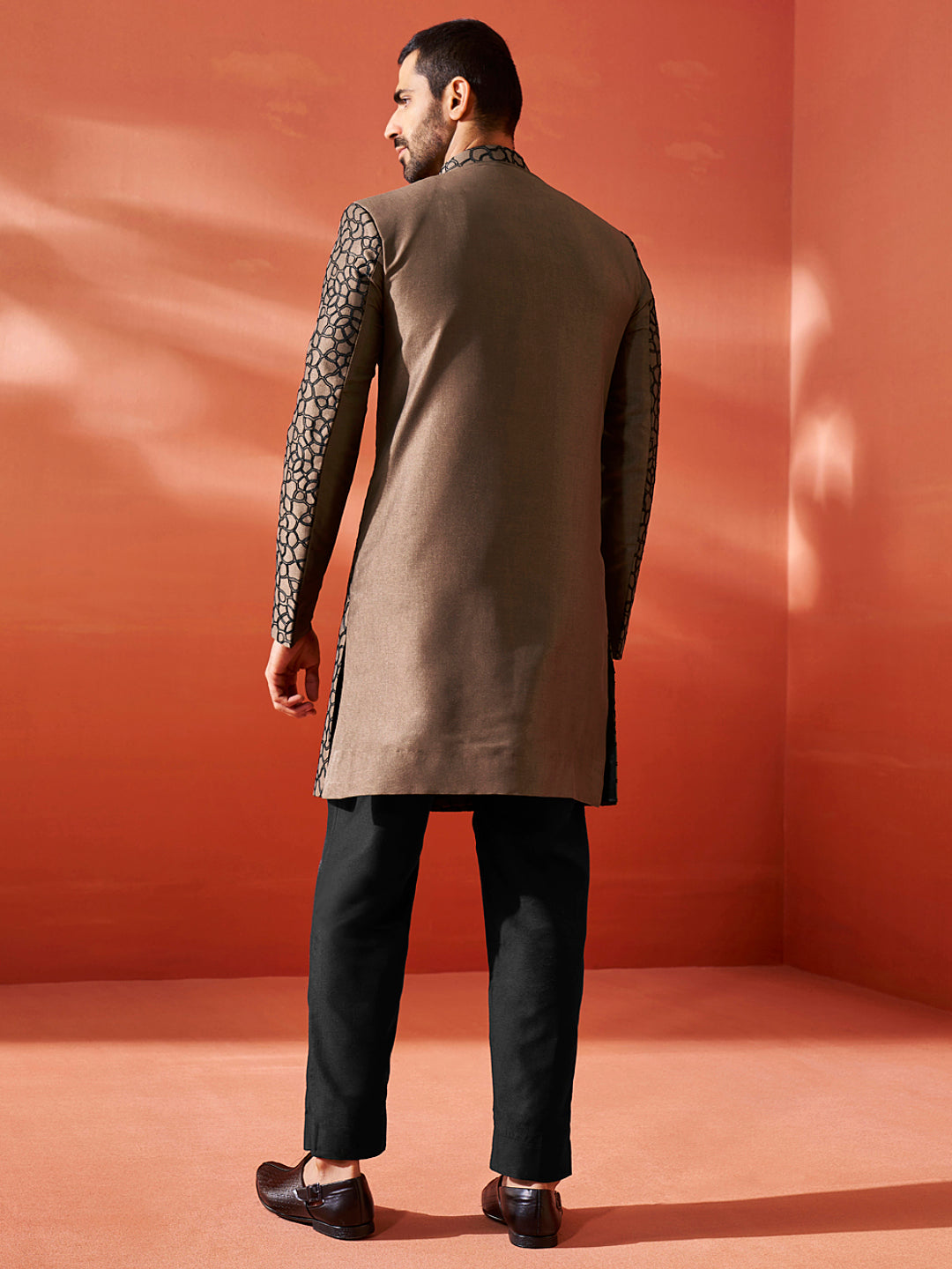 Men's Coffee Silk Blend Straight Sherwani Set