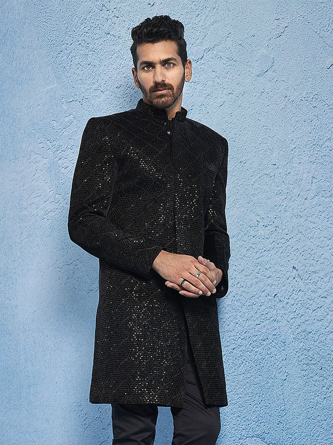 Men's Black Velvet Straight Sherwani Only Top