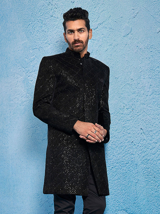 Men's Black Velvet Straight Sherwani Only Top