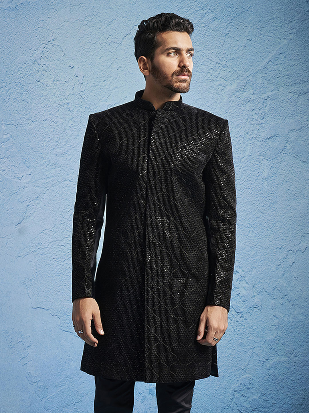 Men's Black Velvet Straight Sherwani Only Top
