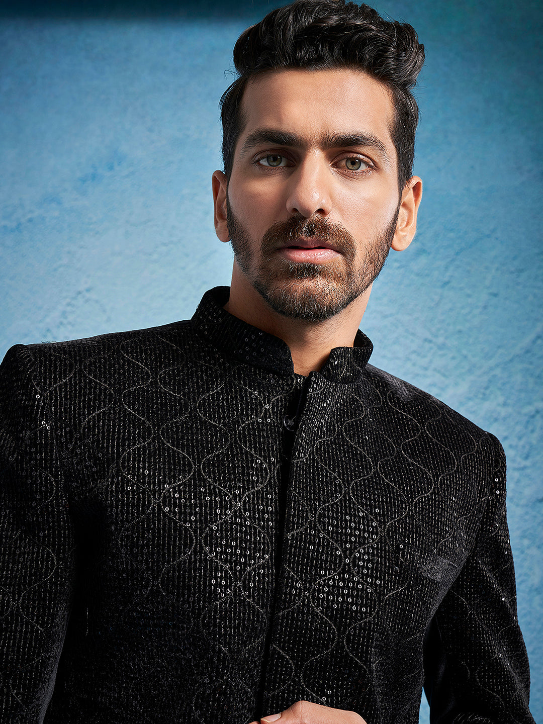 Men's Black Velvet Straight Sherwani Only Top