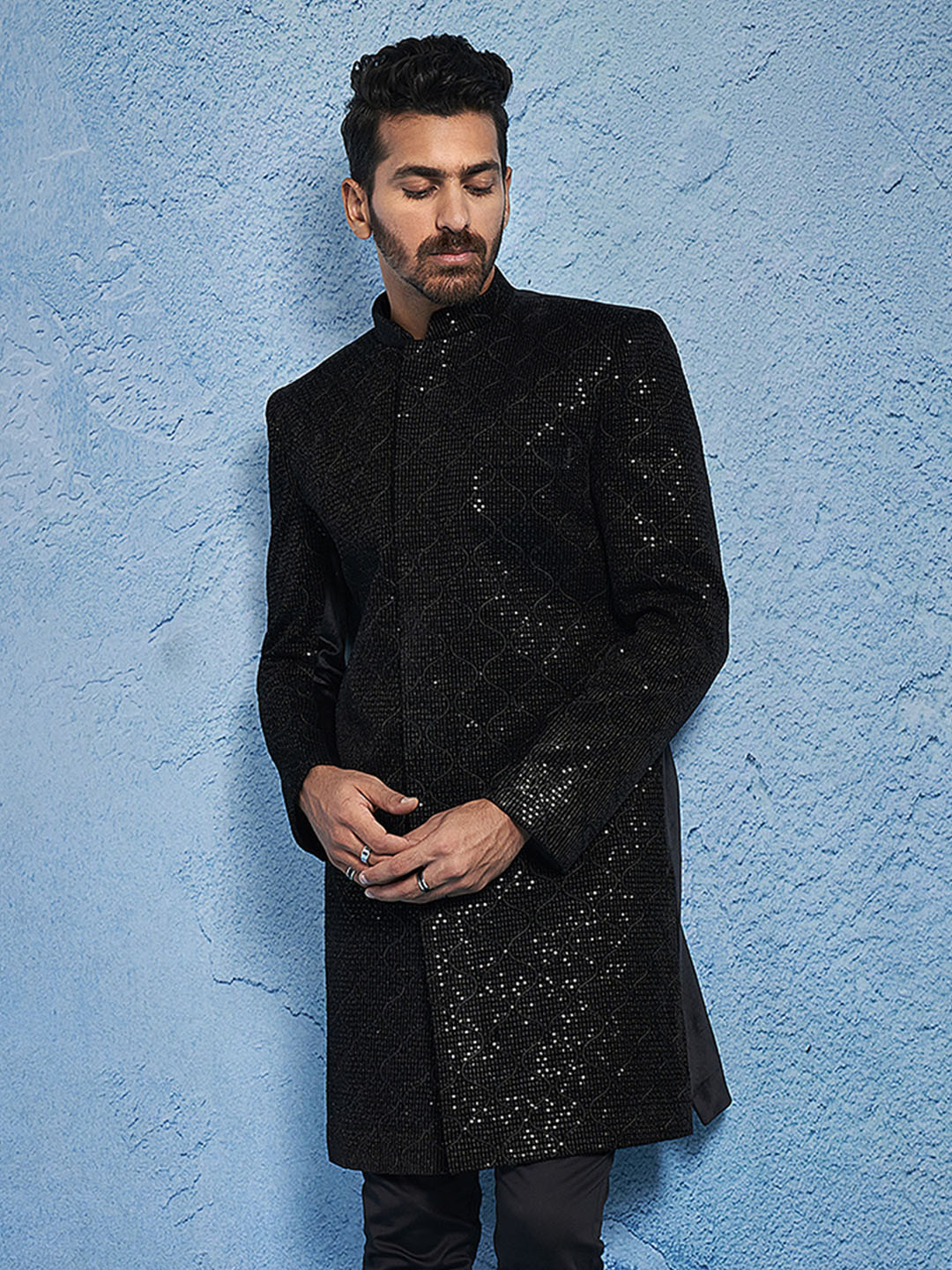 Men's Black Velvet Straight Sherwani Only Top