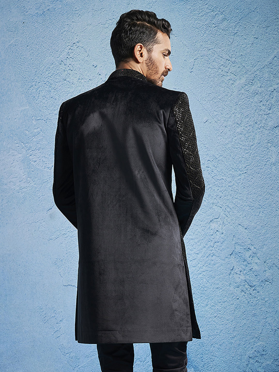 Men's Black Velvet Straight Sherwani Only Top