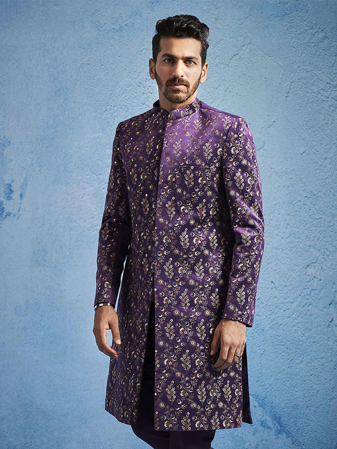Men's Purple Velvet Straight Sherwani Only Top
