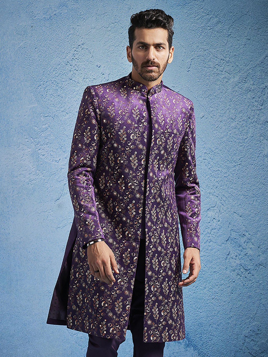 Men's Purple Velvet Straight Sherwani Only Top