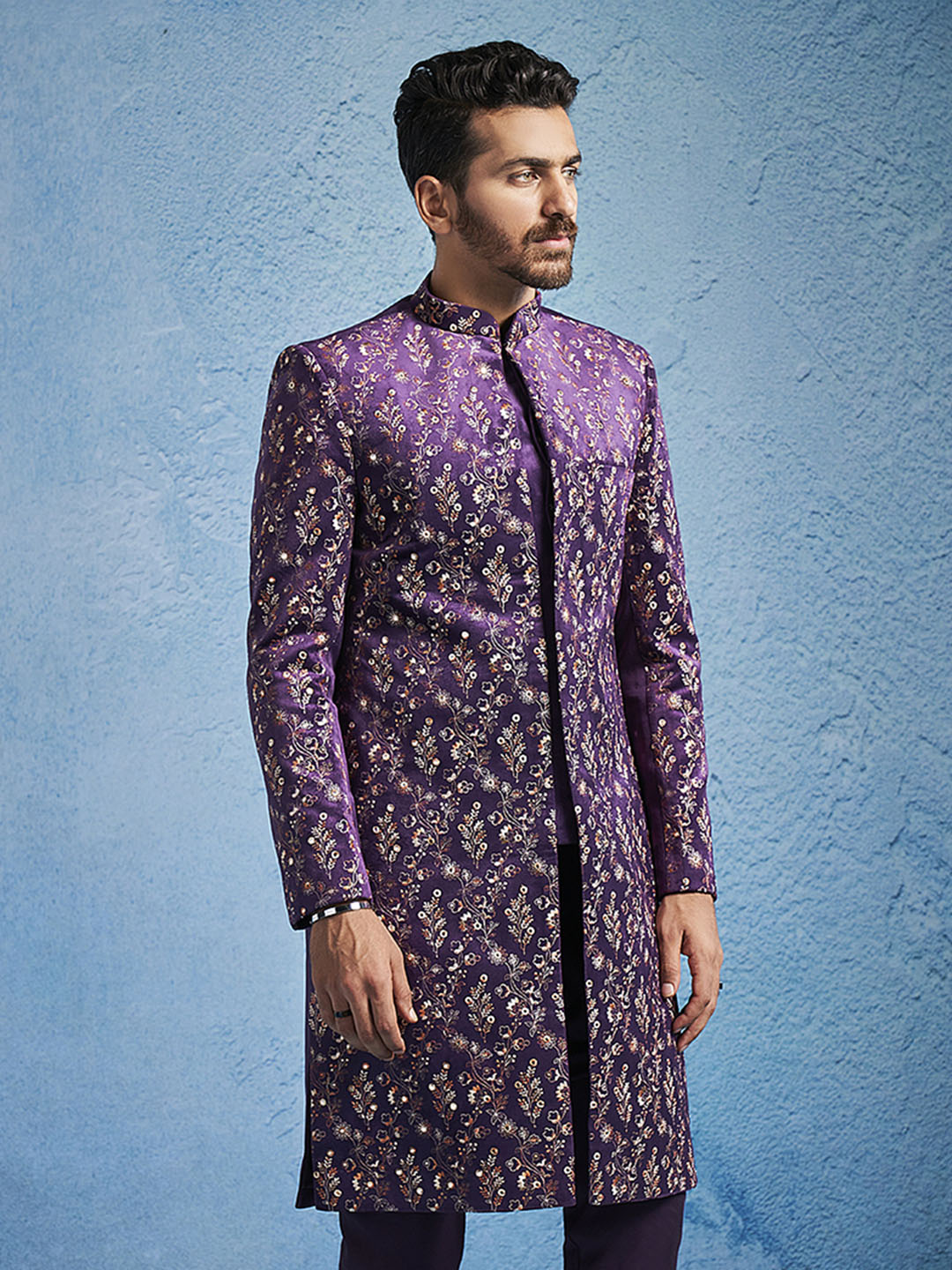 Men's Purple Velvet Straight Sherwani Only Top