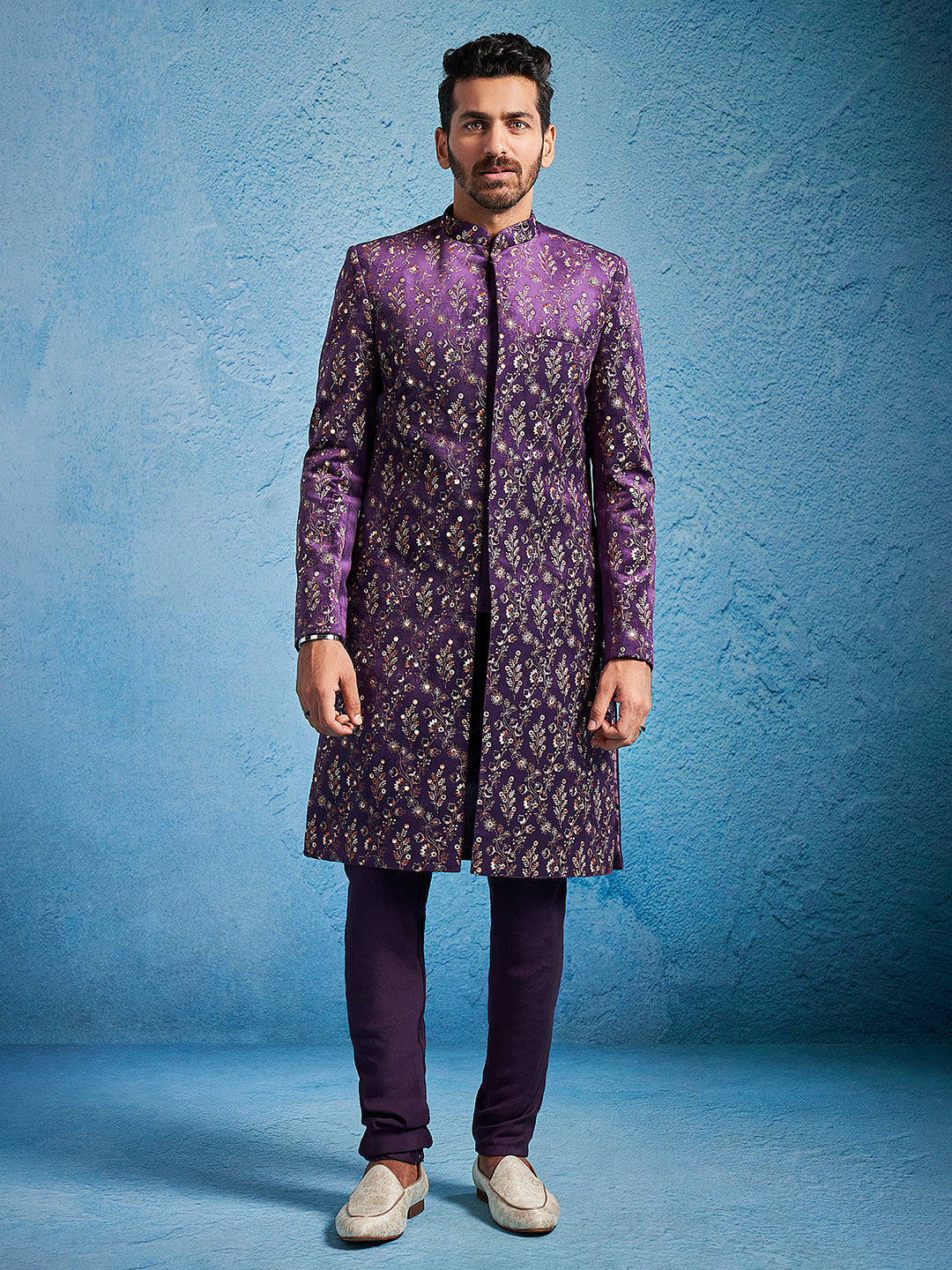 Men's Purple Velvet Straight Sherwani Set
