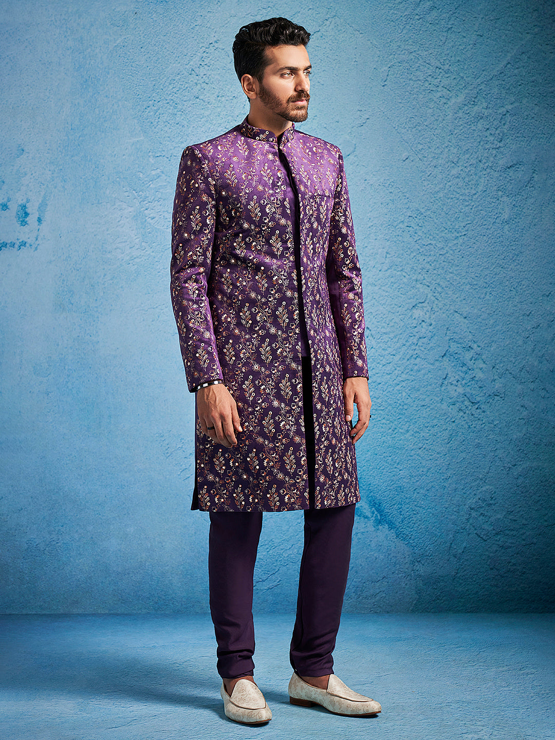 Men's Purple Velvet Straight Sherwani Set
