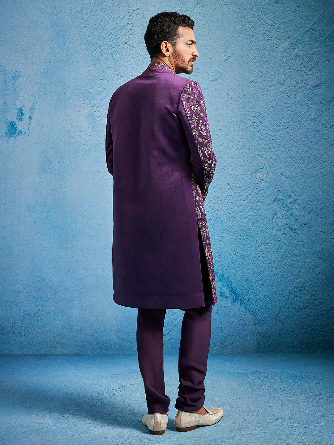 Men's Purple Velvet Straight Sherwani Set