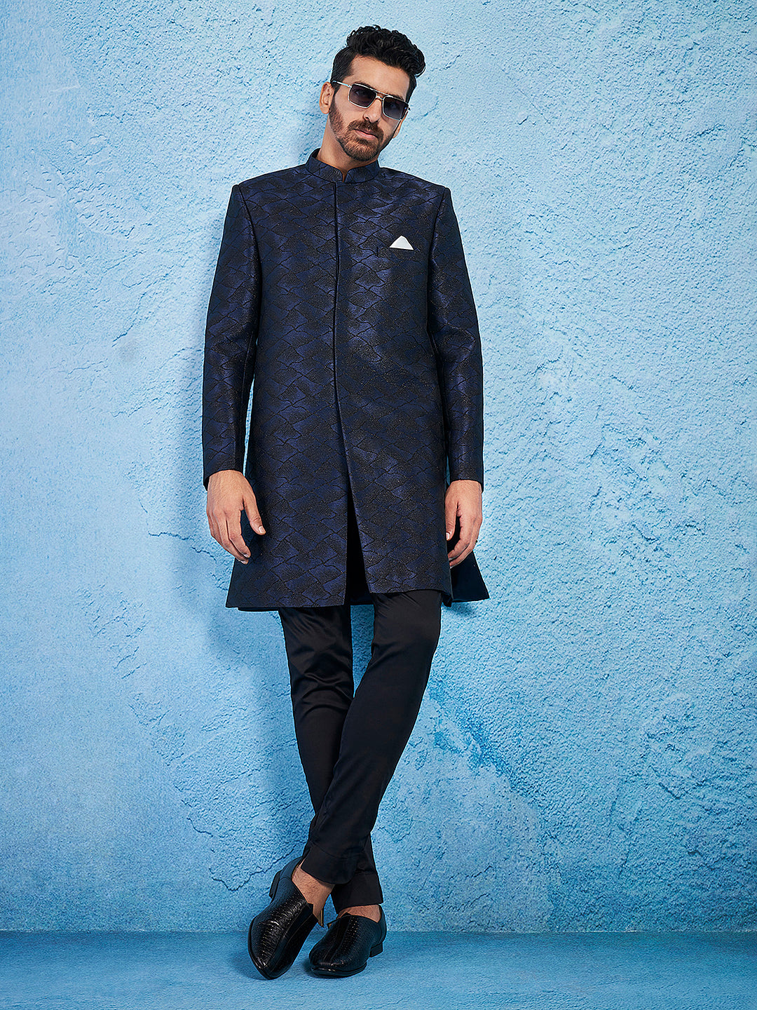 Men's Navy Blue Silk Blend Straight Sherwani Set