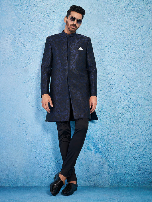 Men's Navy Blue Silk Blend Straight Sherwani Set