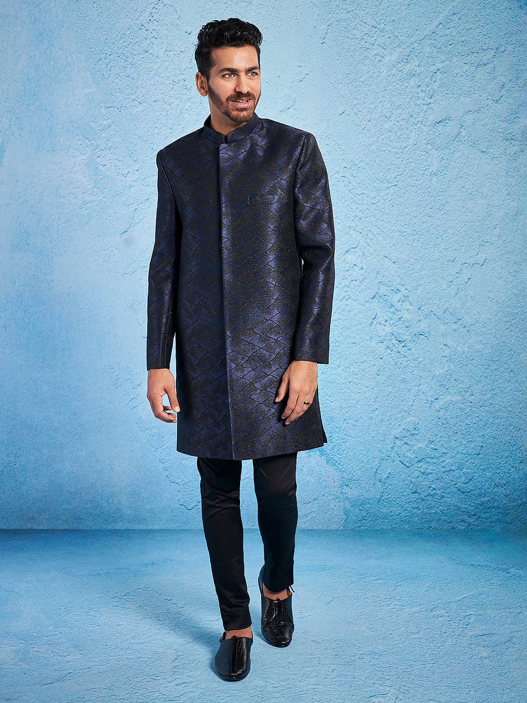 Men's Navy Blue Silk Blend Straight Sherwani Set