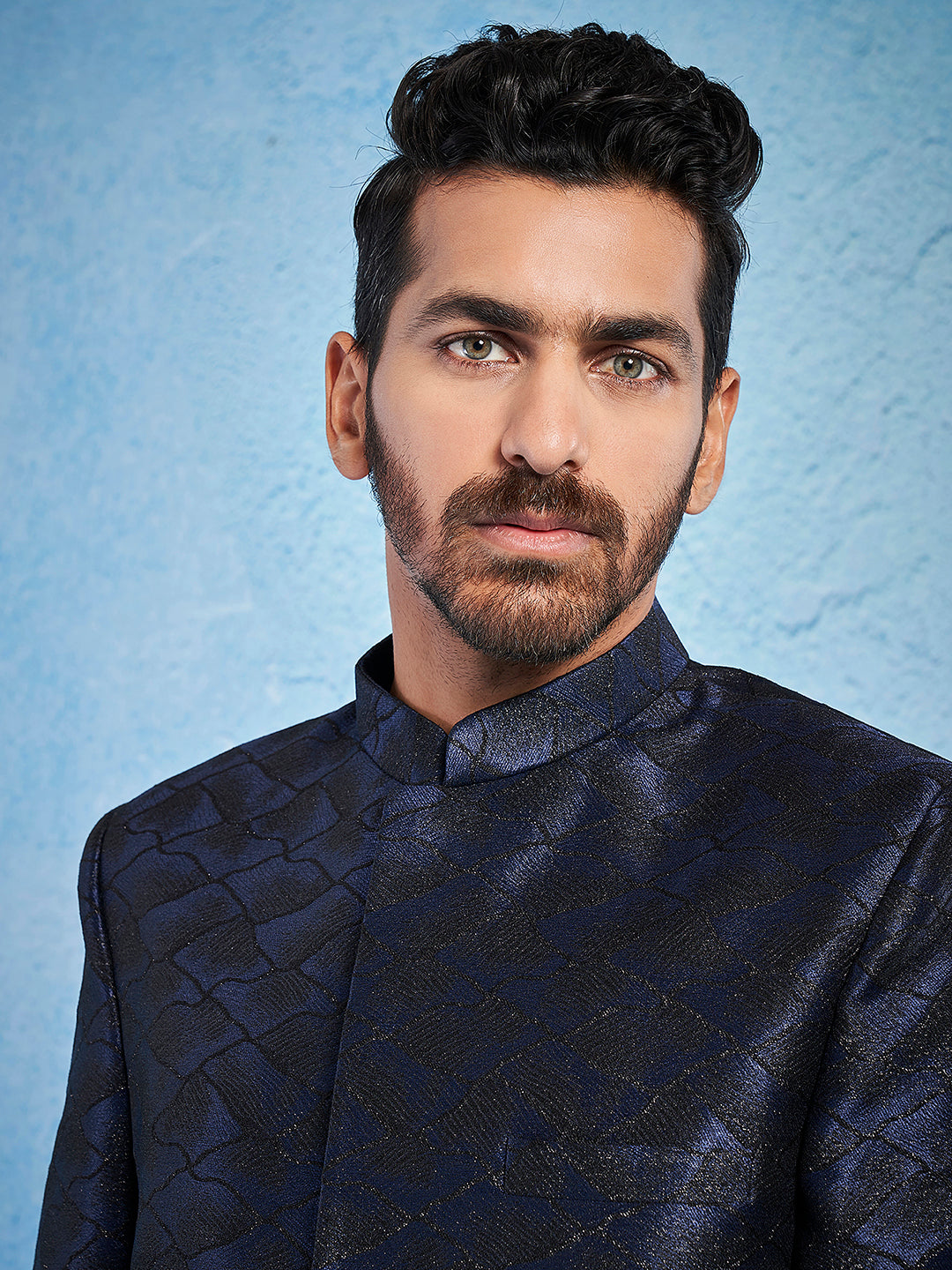 Men's Navy Blue Silk Blend Straight Sherwani Set