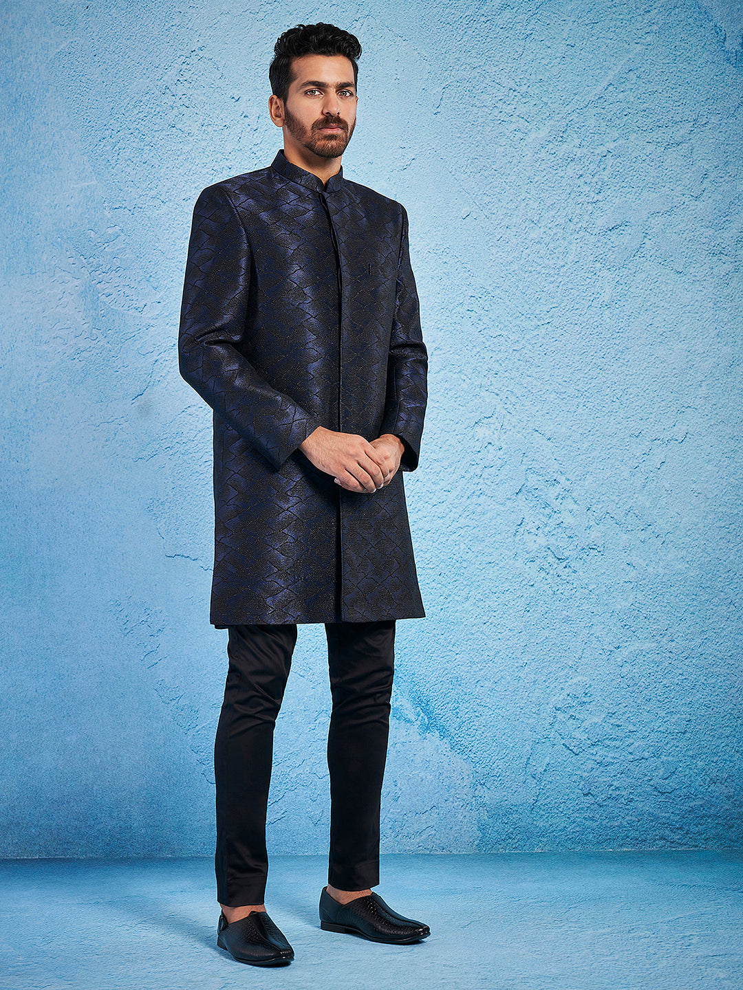 Men's Navy Blue Silk Blend Straight Sherwani Set