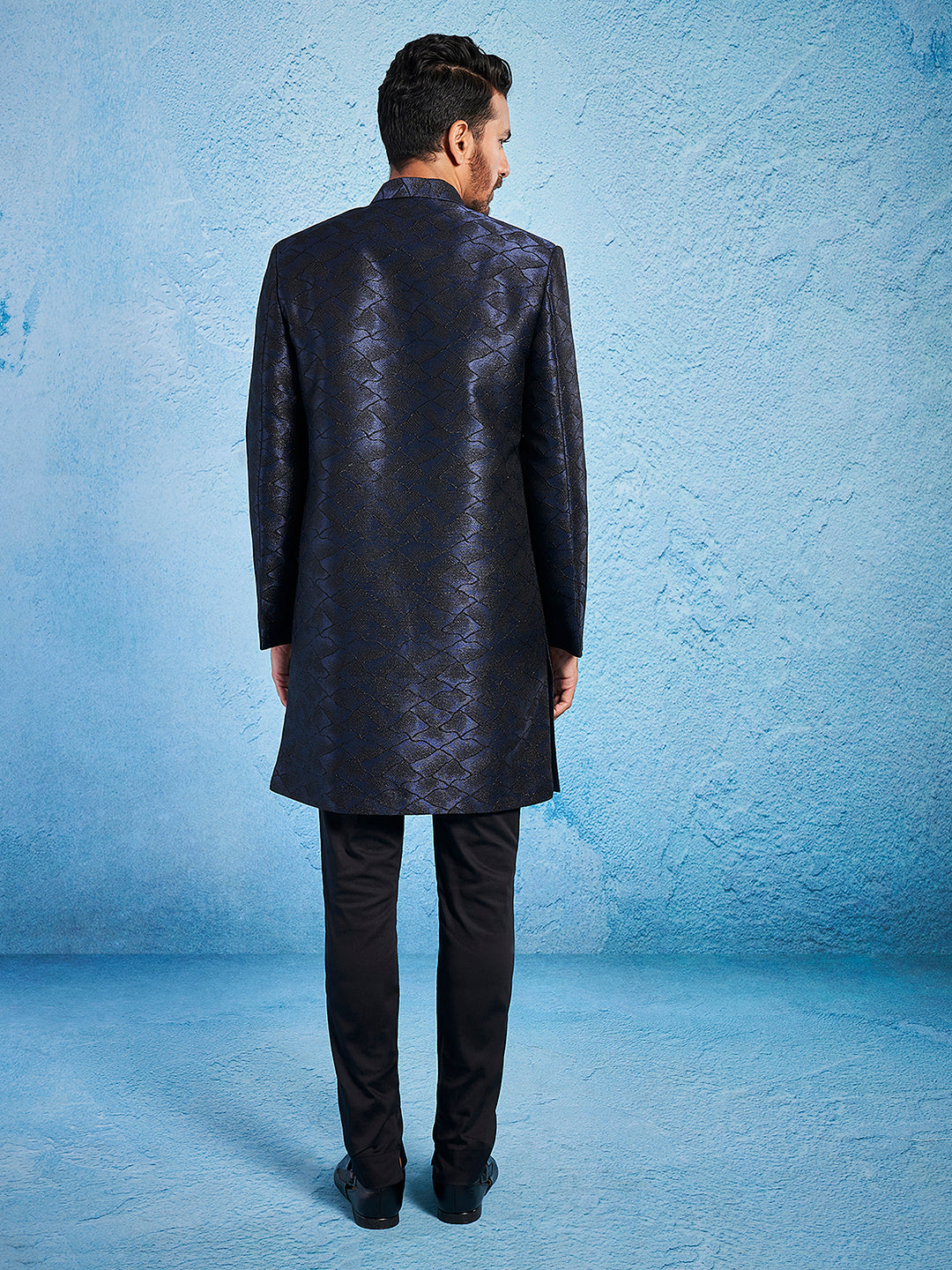 Men's Navy Blue Silk Blend Straight Sherwani Only Top
