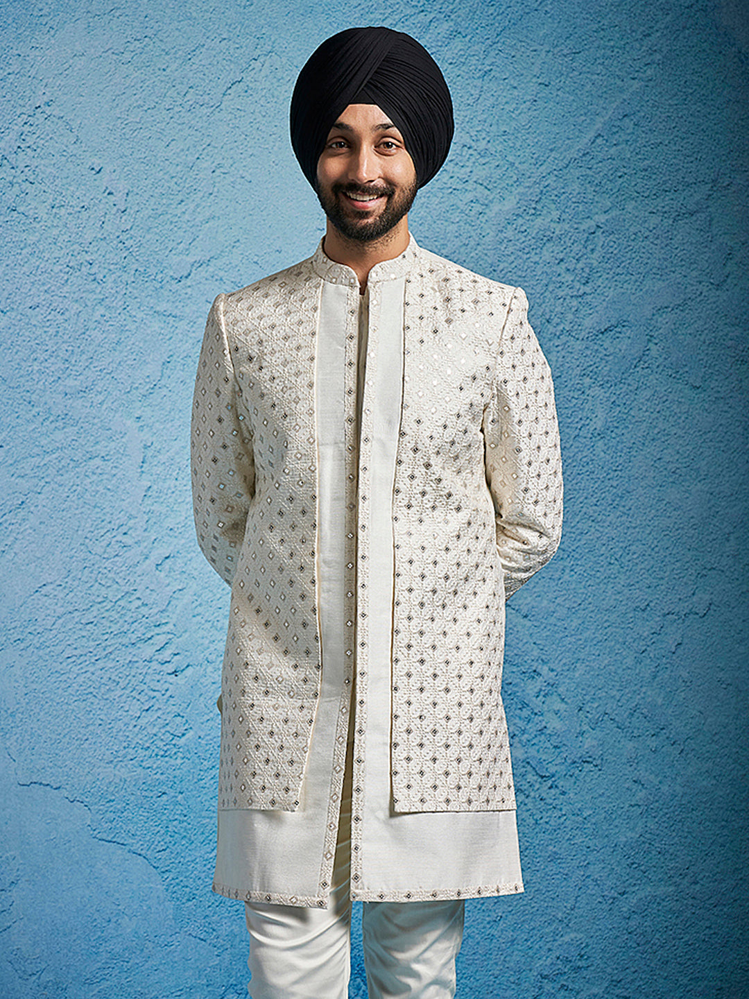 Men's Cream Silk Blend Straight Sherwani Only Top