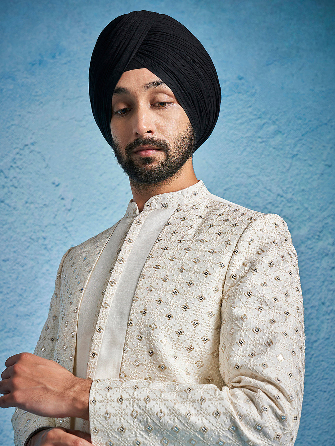 Men's Cream Silk Blend Straight Sherwani Only Top